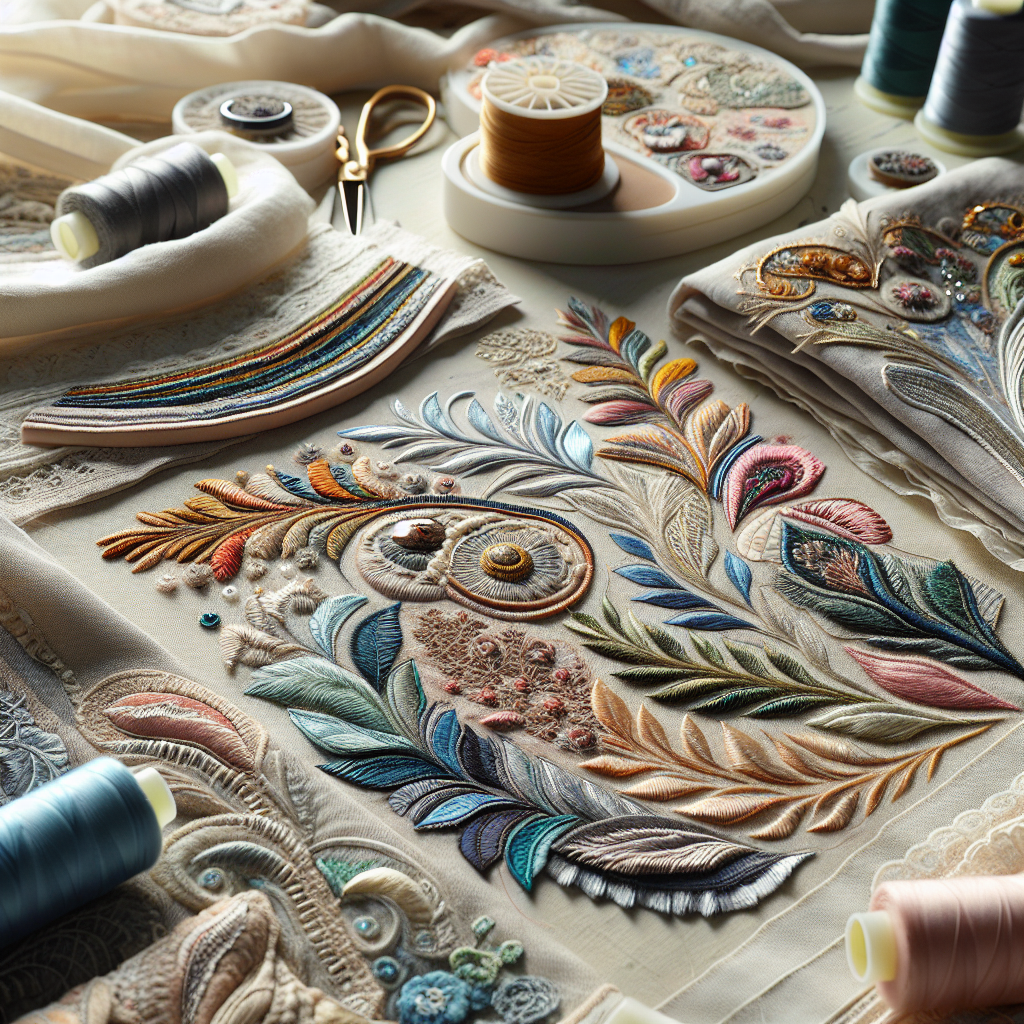 An array of decorative stitching techniques for clothing displayed on a sewing table.