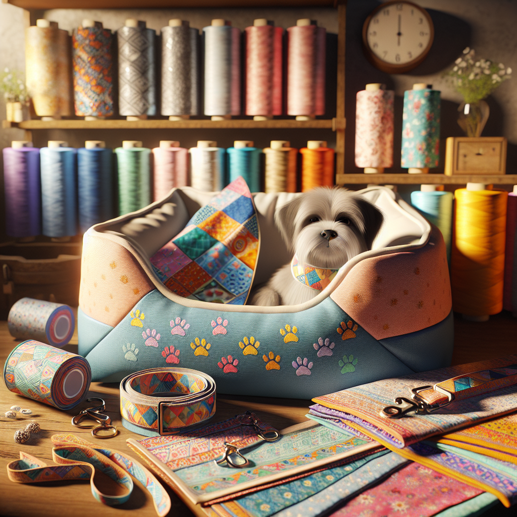 A display of handmade pet accessories including a pet bed, bandana, and collar, set in a sewing environment.