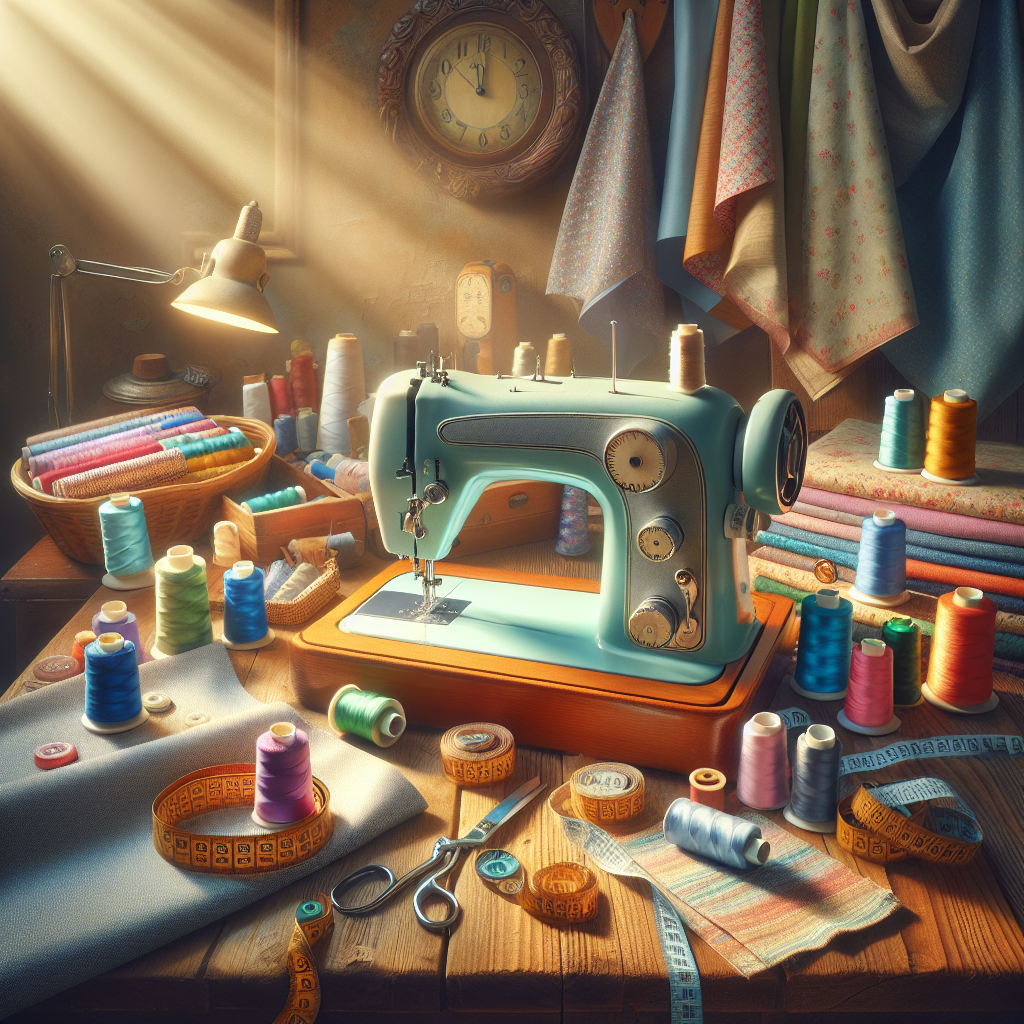 A cozy sewing workspace with a vintage sewing machine, colorful threads, and fabrics.