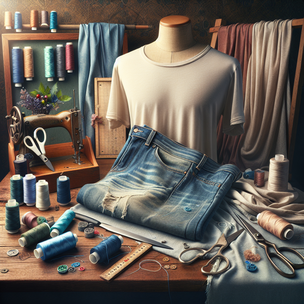 A DIY fashion workspace with a pair of jeans being made into a tote bag and a t-shirt being altered, surrounded by sewing supplies.