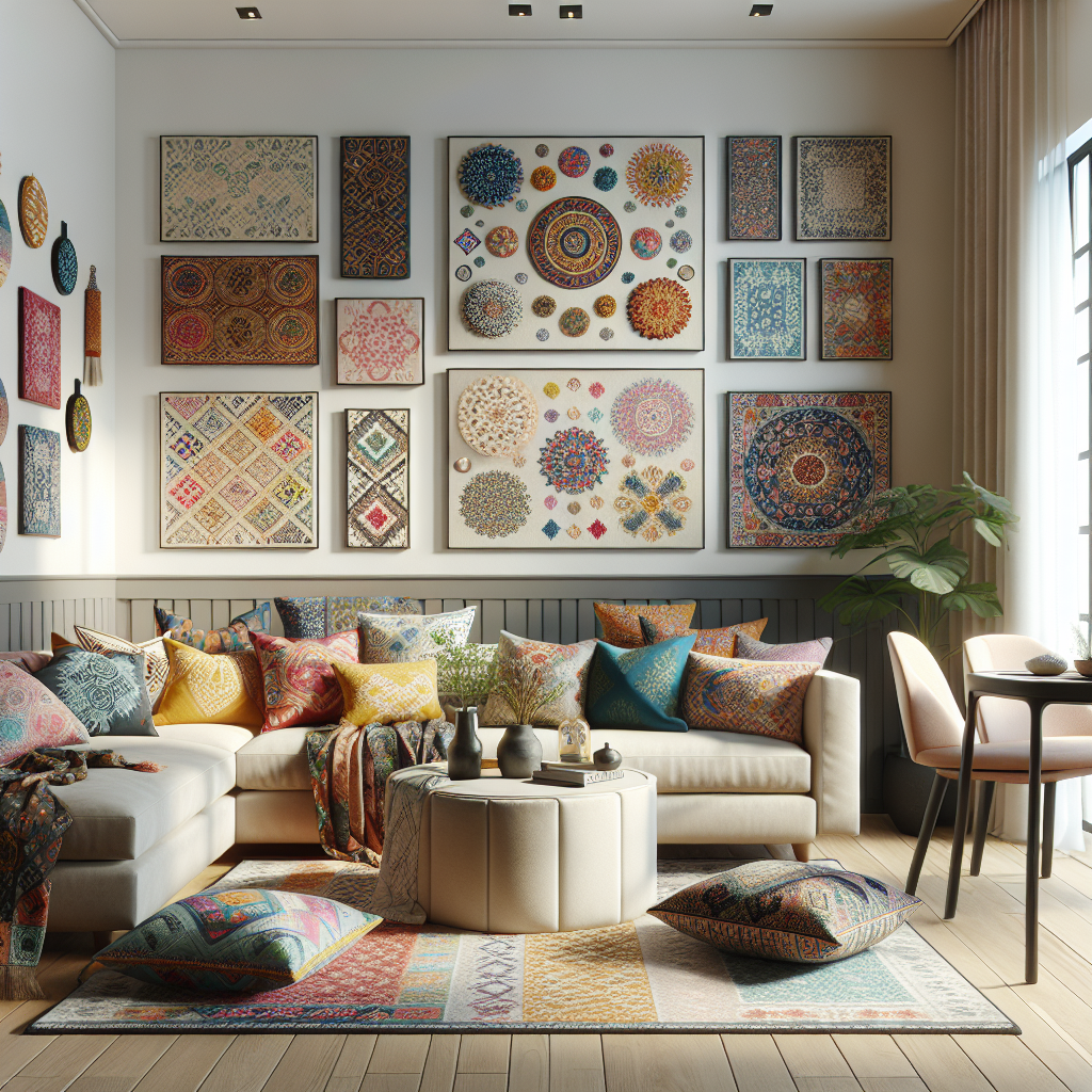 Stylish living room with colorful cushion covers, a chic table runner, and fabric wall hangings.