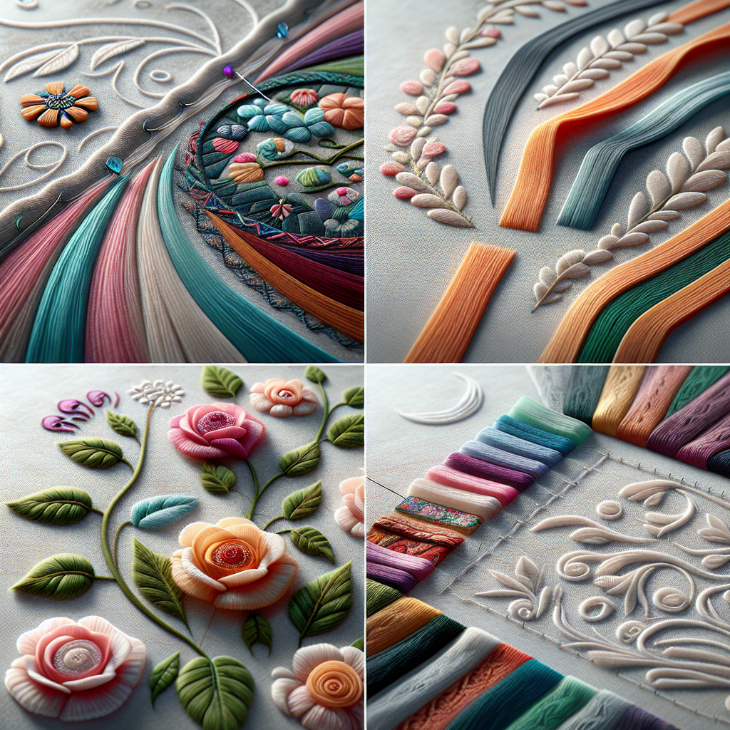 A collage of decorative stitching techniques including embroidery, appliqué, bias tape, and free-motion stitching on fabric.
