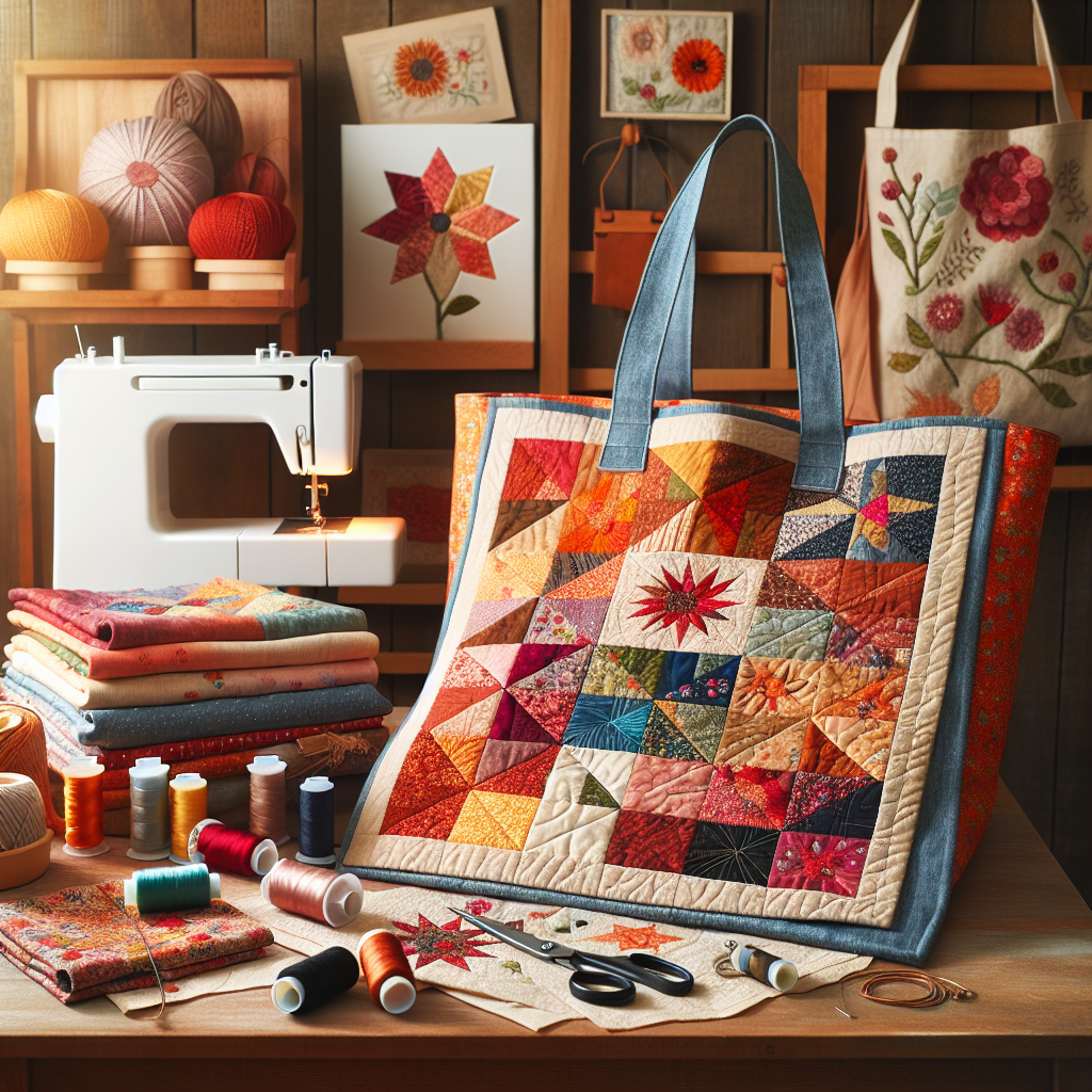 A cozy sewing workspace with a quilt and a tote bag, filled with colorful sewing materials.