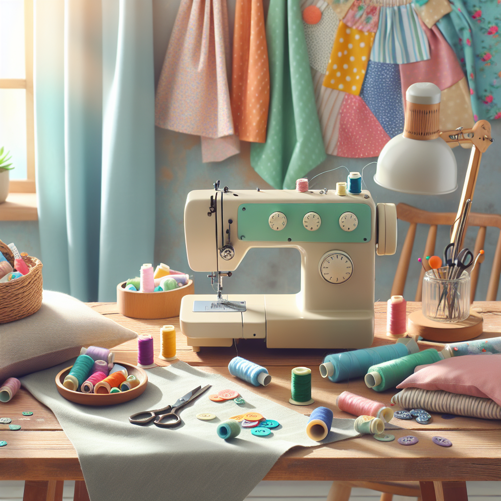 A cozy sewing corner with a sewing machine, fabric scraps, and ongoing projects.