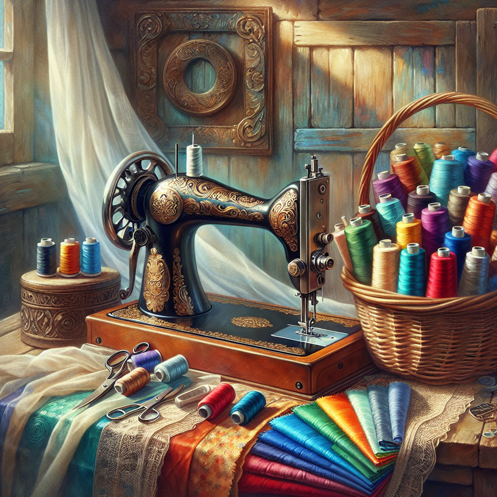 A cozy sewing workspace with a vintage sewing machine, colorful fabric swatches, and a sewing basket.