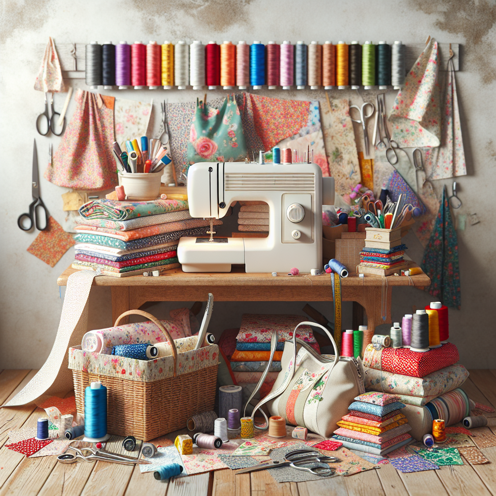 A sewing workspace with colorful fabric scraps, sewing machine, thread, and scissors.