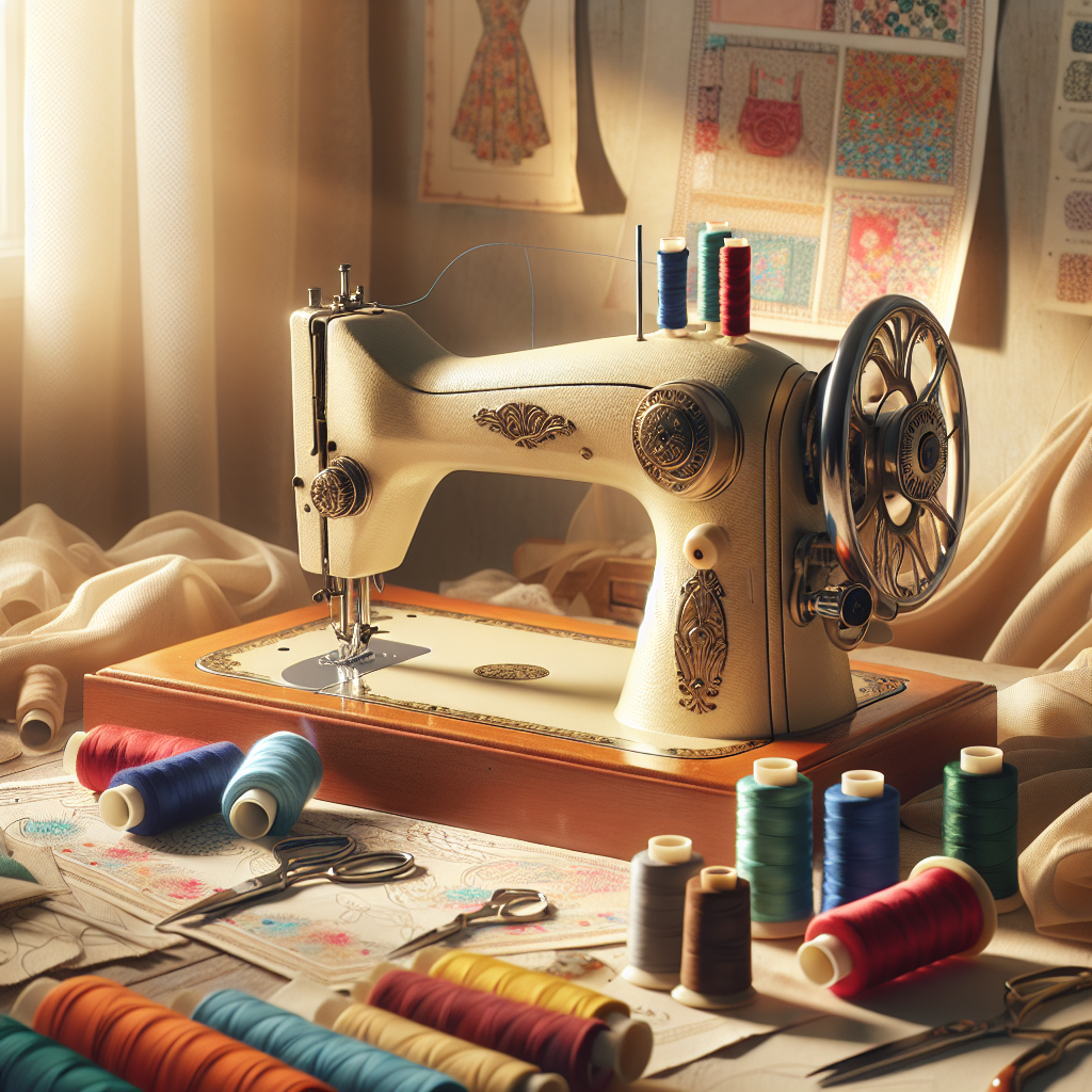 A cozy sewing corner with a vintage sewing machine, colorful spools of thread, and creative sewing patterns.