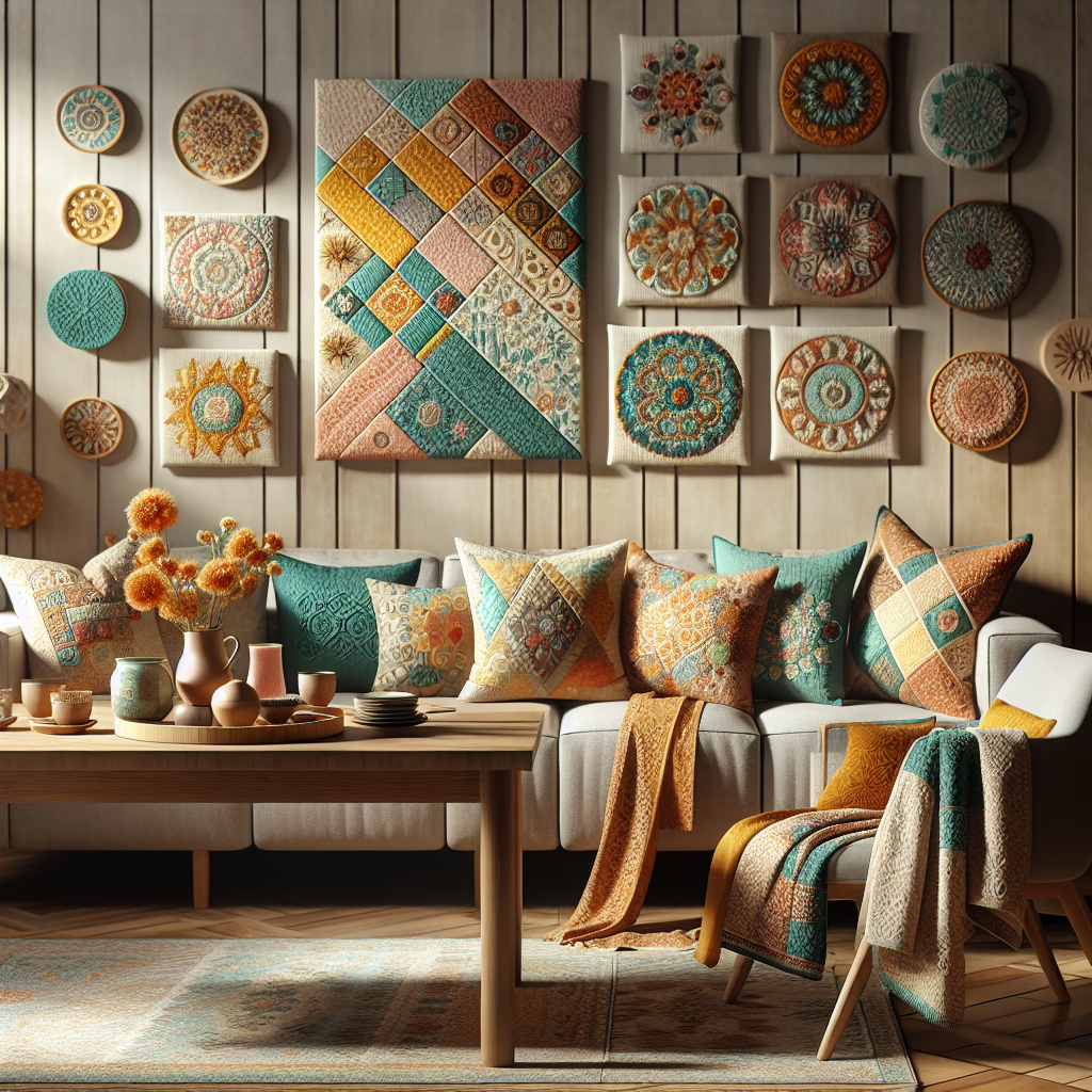 A cozy living room displaying creative sewing projects like colorful cushions, a table runner, and fabric wall hangings.