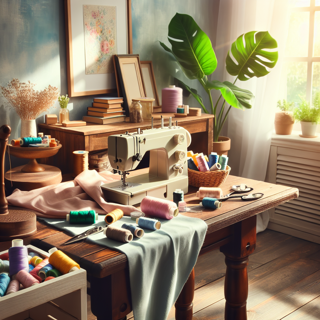 A cozy sewing workspace with a vintage sewing machine and colorful threads.