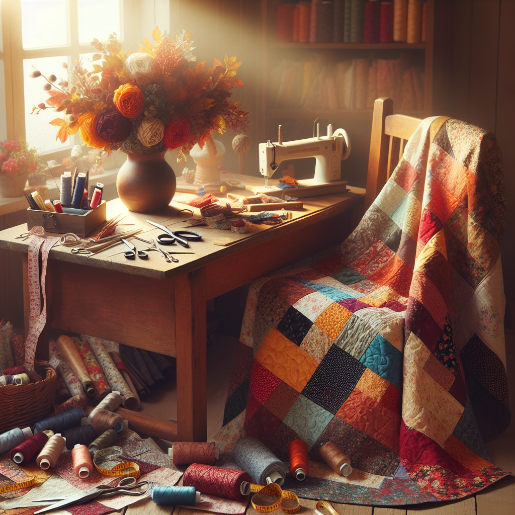 A cozy DIY sewing workspace filled with colorful fabrics and sewing tools.