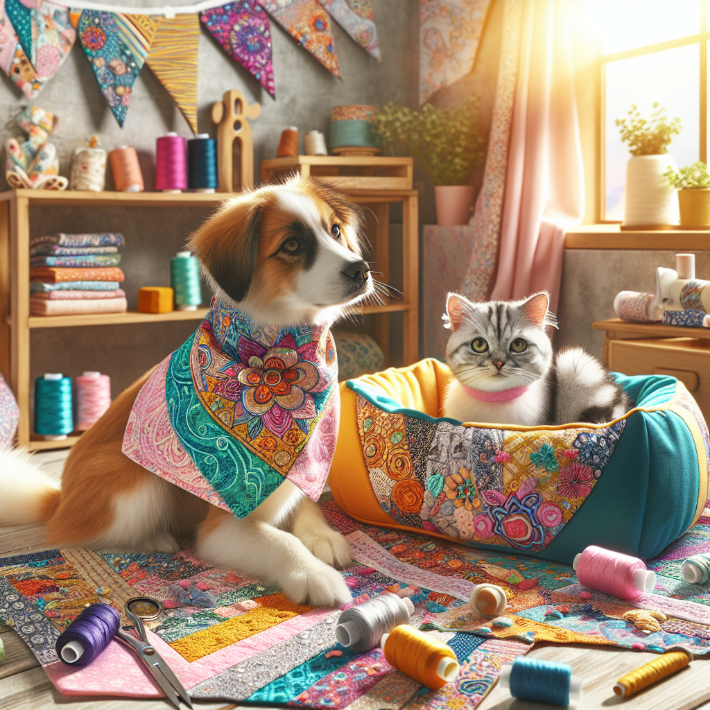 A cozy home scene featuring handmade pet accessories including a dog bandana and a cat bed.