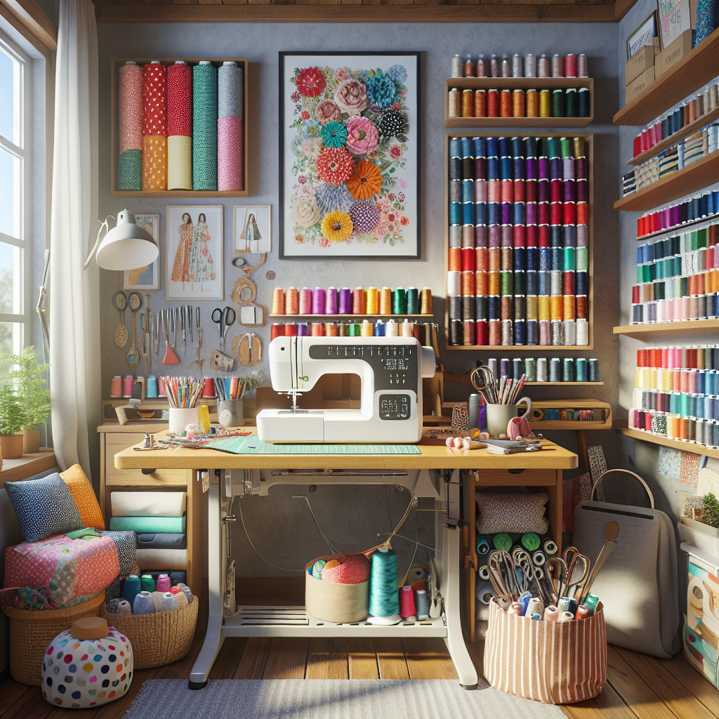 A cozy sewing studio with a sewing machine and vibrant fabrics.