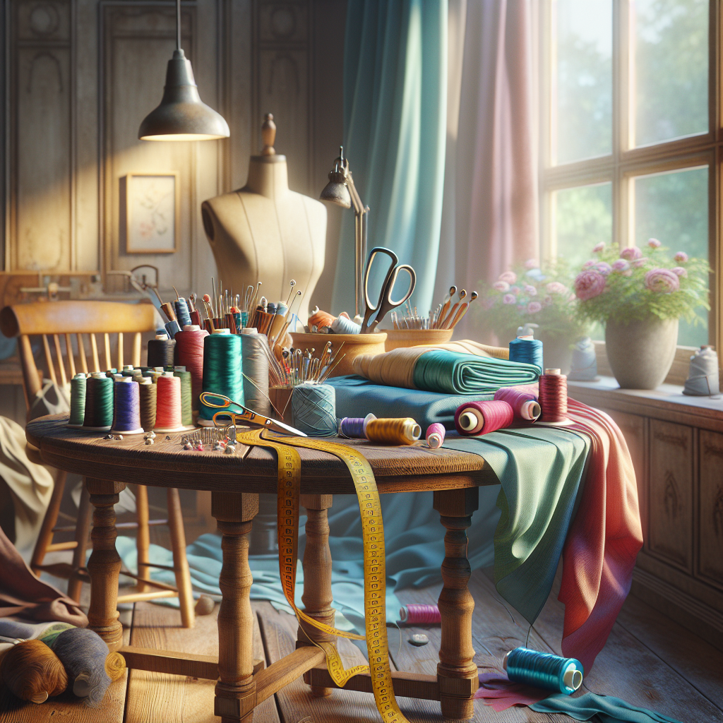 A colorful sewing workspace with fabric, sewing supplies, and natural lighting.