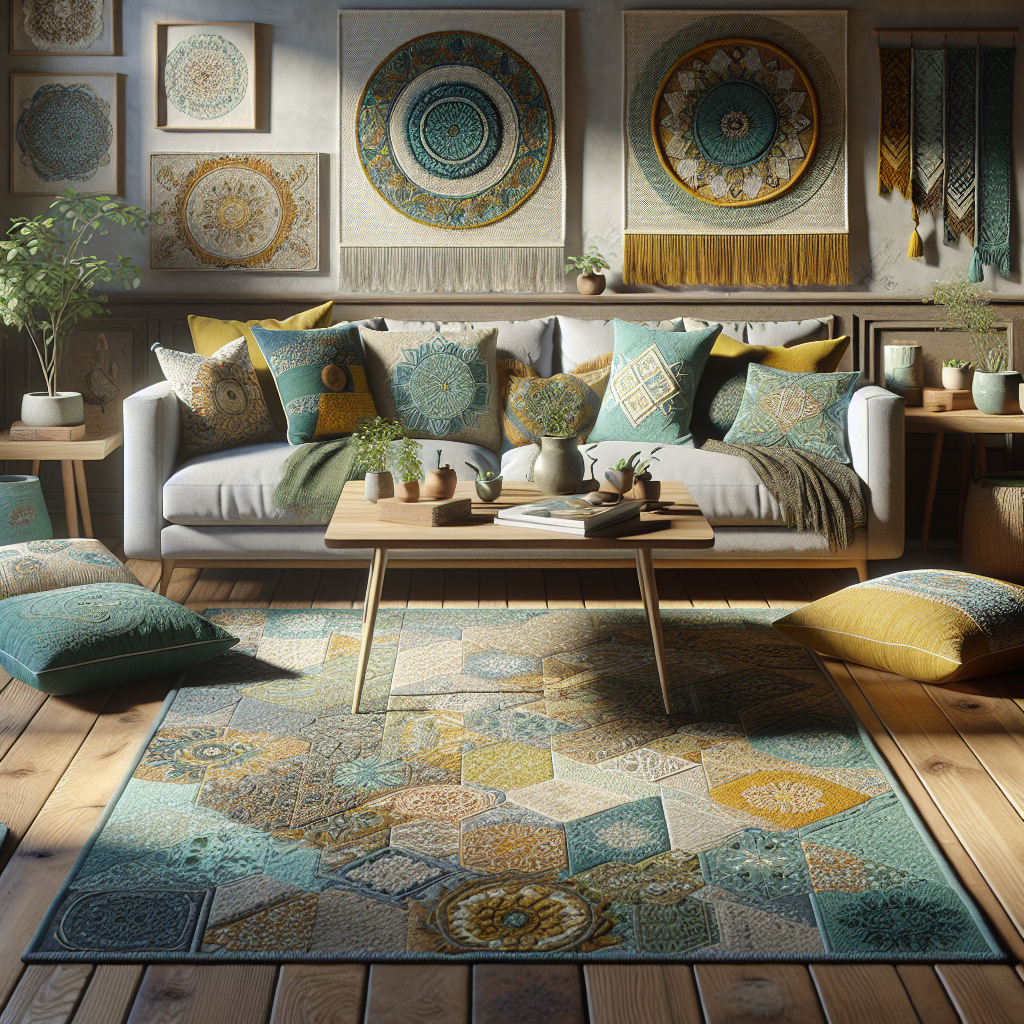 A cozy living room with colorful handmade cushions, a table runner, and fabric wall hangings.