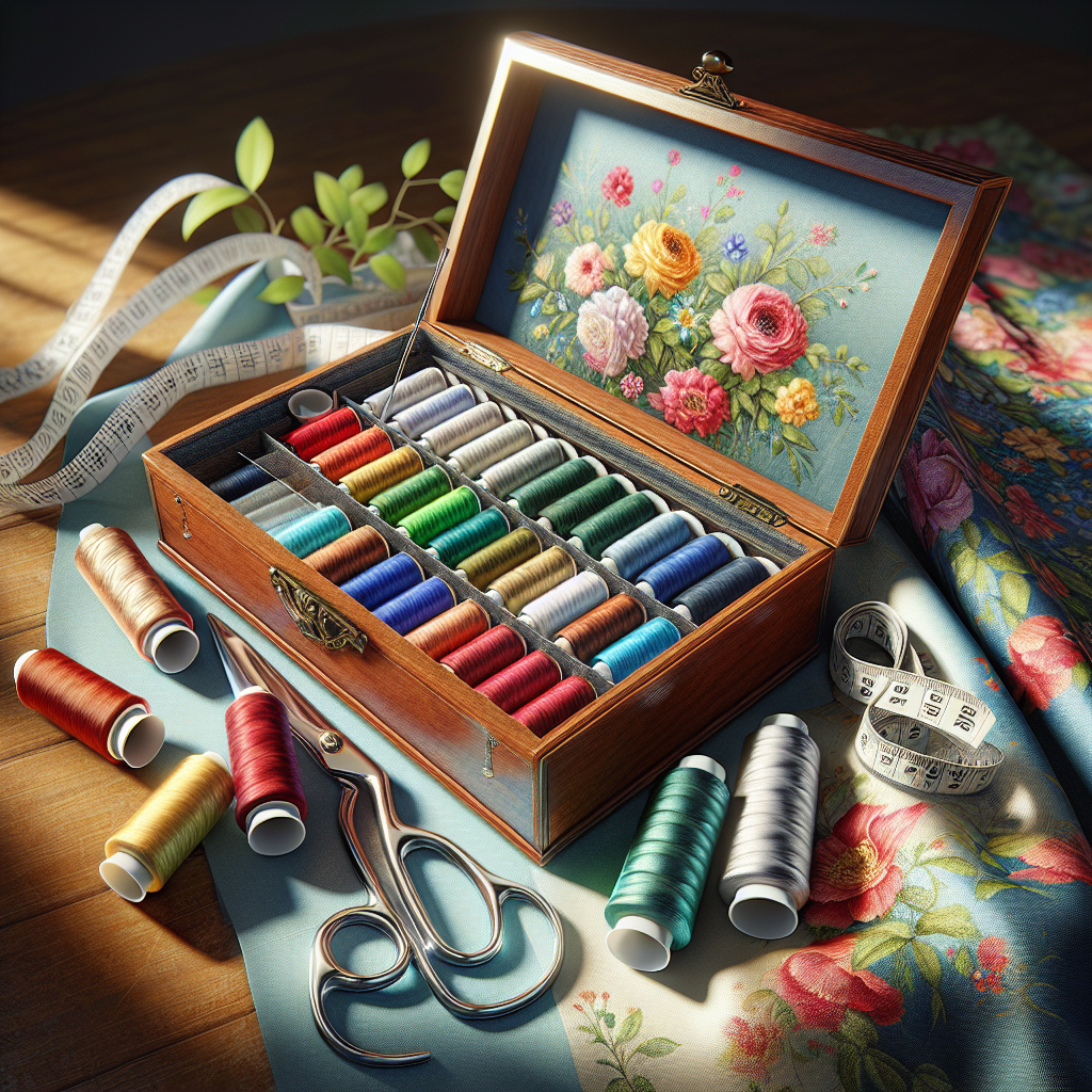 A sewing kit with colorful threads, scissors, measuring tape, and fabric on a wooden table.