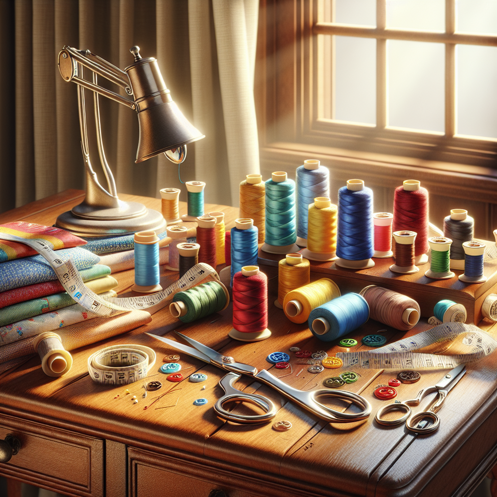 A sewing table filled with colorful spools of thread, scissors, fabric swatches, and natural lighting.