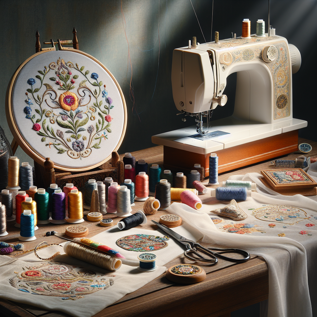 A sewing table with colorful threads, fabric samples, and a sewing machine, highlighting decorative stitching techniques.