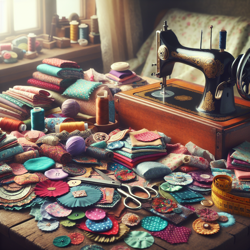 An arrangement of colorful fabric scraps on a sewing table.