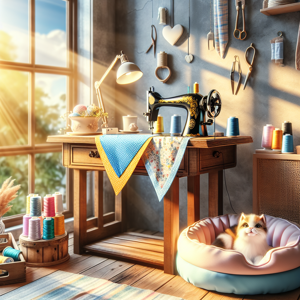 A cozy sewing corner with a sewing machine, colorful threads, a dog bandana, and a cat bed.
