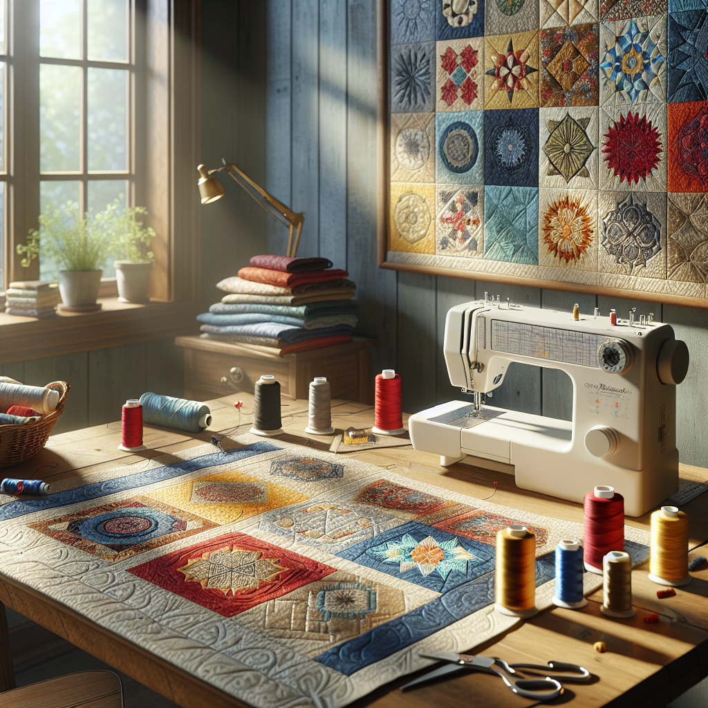 A cozy sewing workspace with colorful fabrics, threads, and a half-finished quilt.