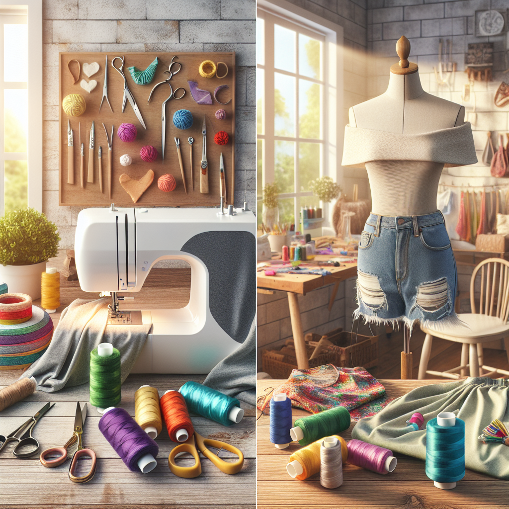 A DIY fashion scene with sewing materials and transformed clothing in a cozy craft room.