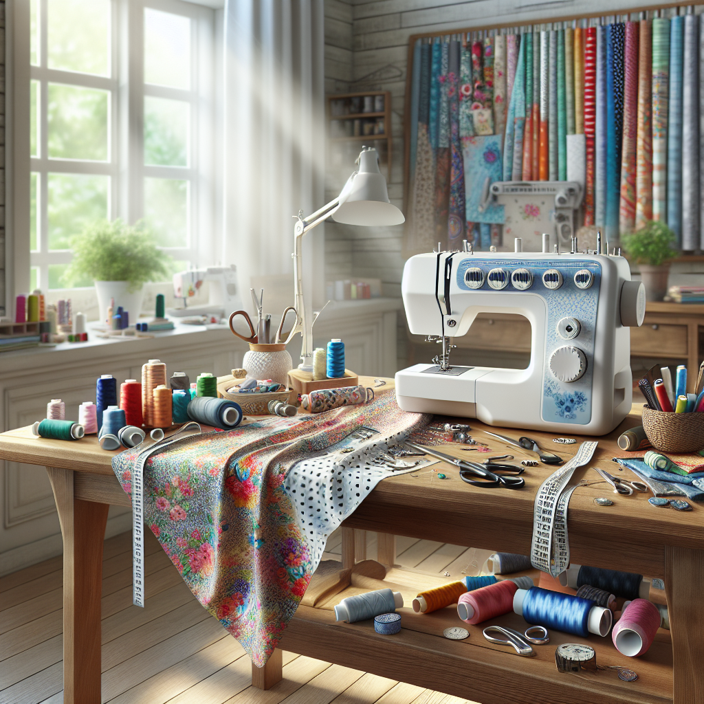 A cozy sewing workspace with colorful fabrics and a sewing machine.