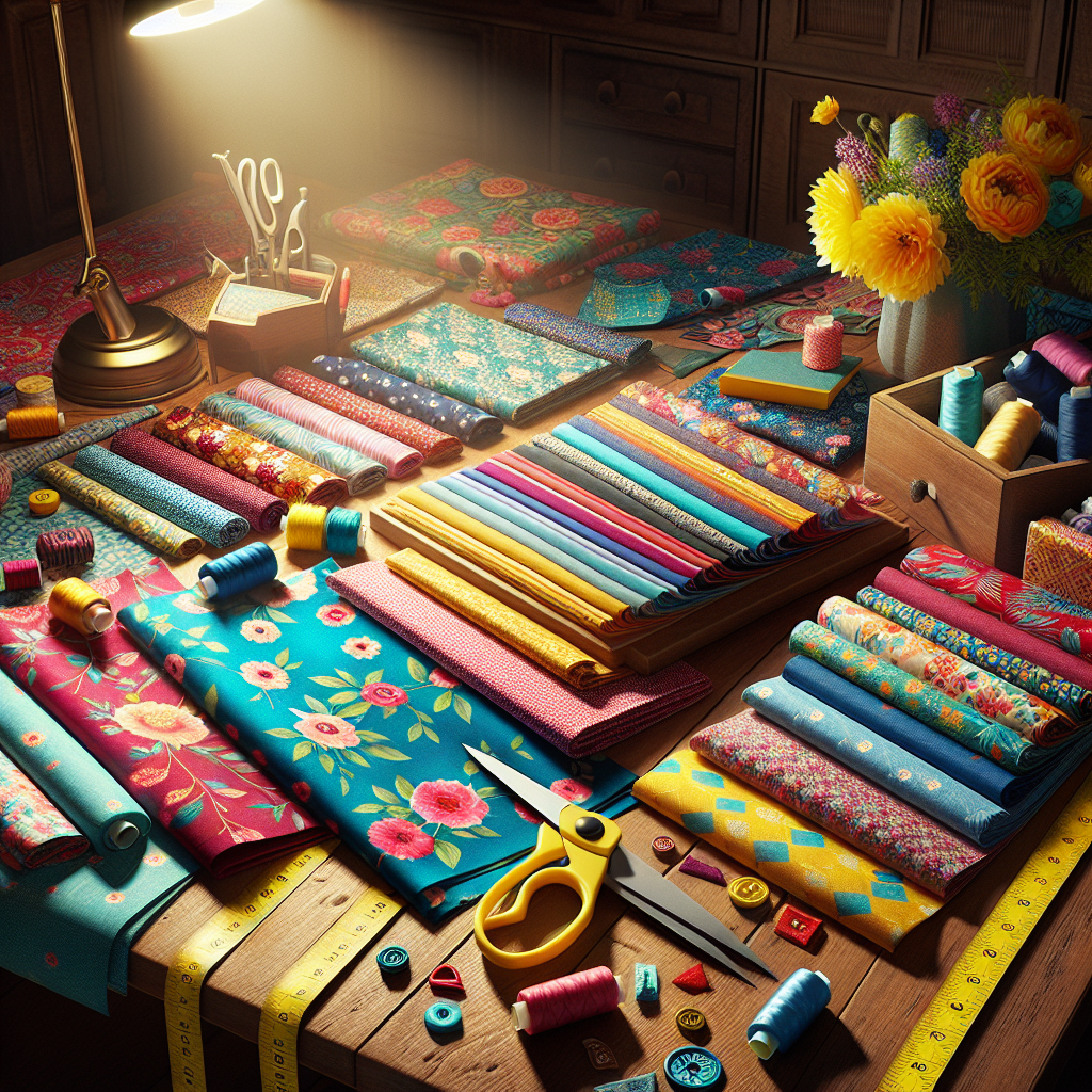 A crafting table with colorful sewing patterns and materials.