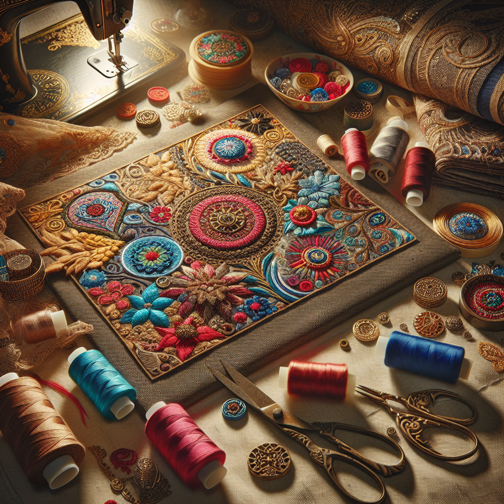 An array of decorative stitching techniques on fabric, featuring embroidery and appliqué with sewing tools.