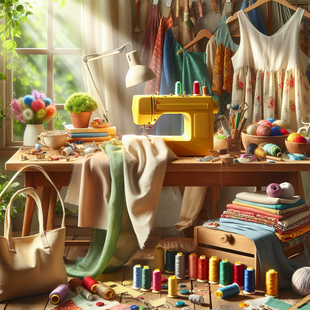 A cozy sewing workspace with colorful fabrics and a sewing machine.