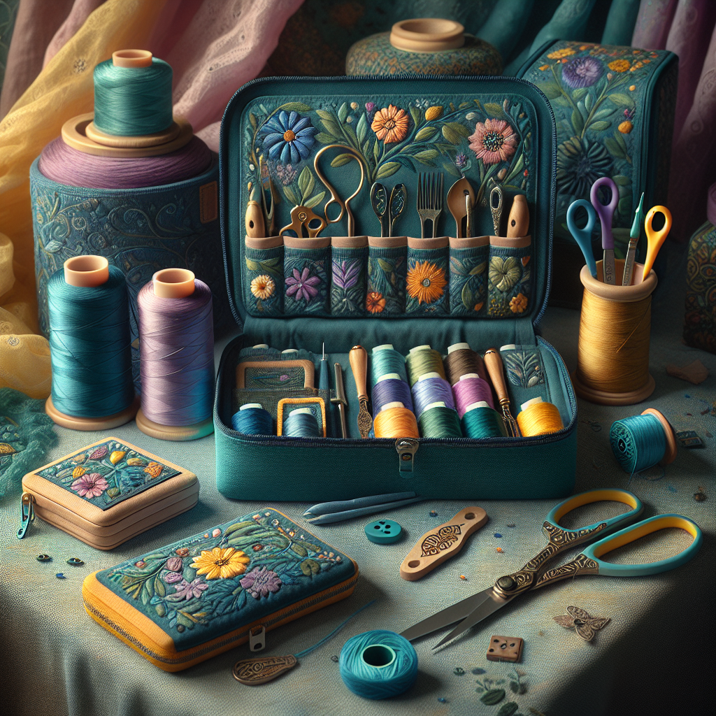An artistic display of unique sewing gifts including a fabric organizer and sewing kit on a textured fabric backdrop.
