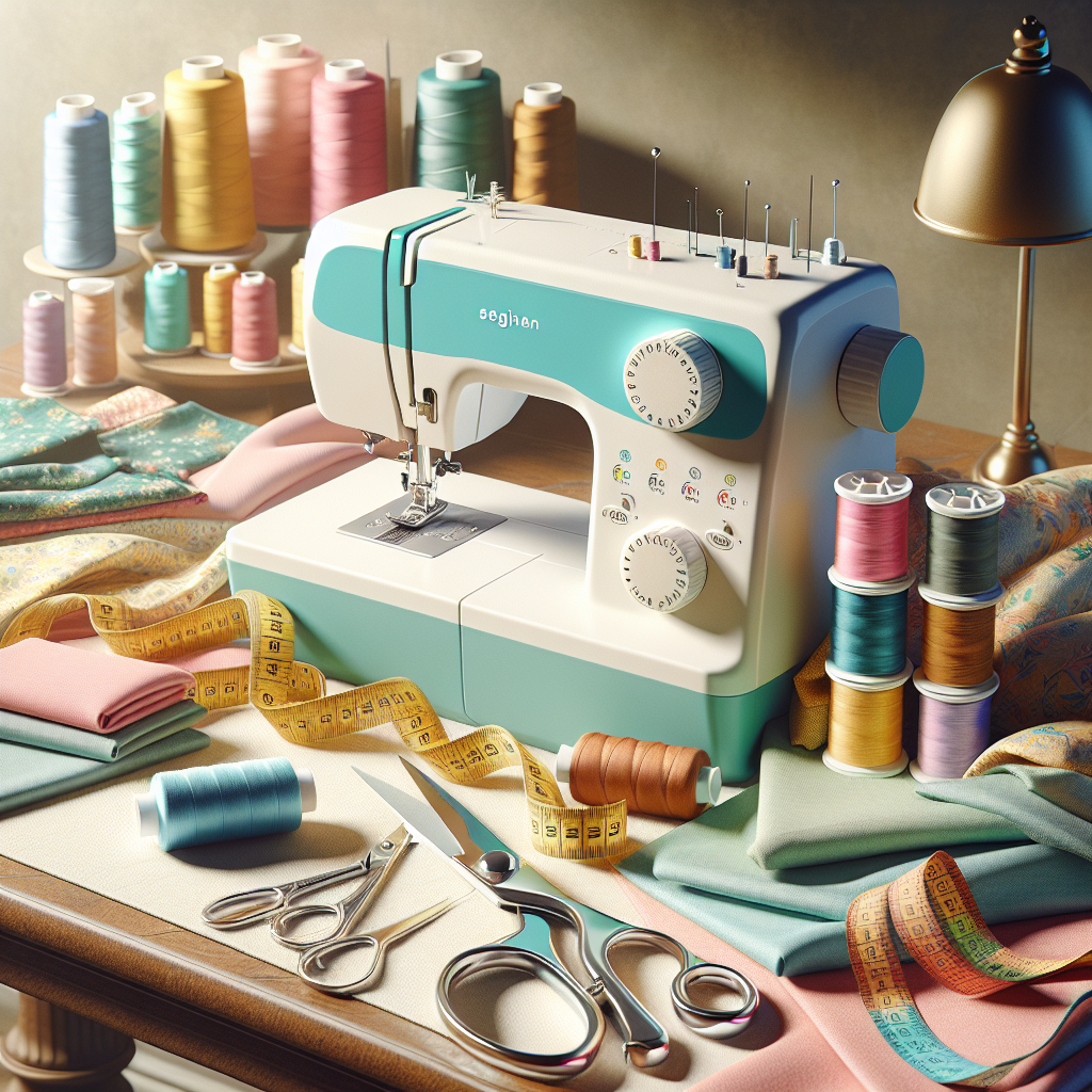 A beginner's sewing workspace with colorful fabrics, tools, and a sewing machine.