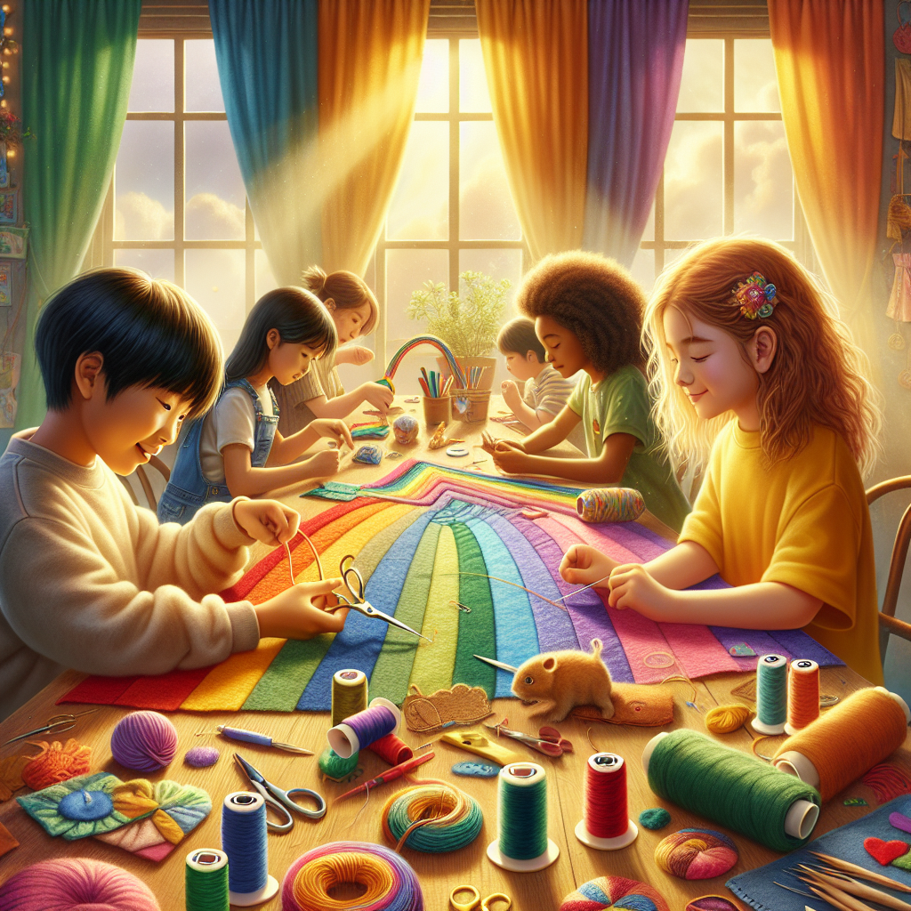 Children engaged in easy sewing projects at a colorful crafting table.