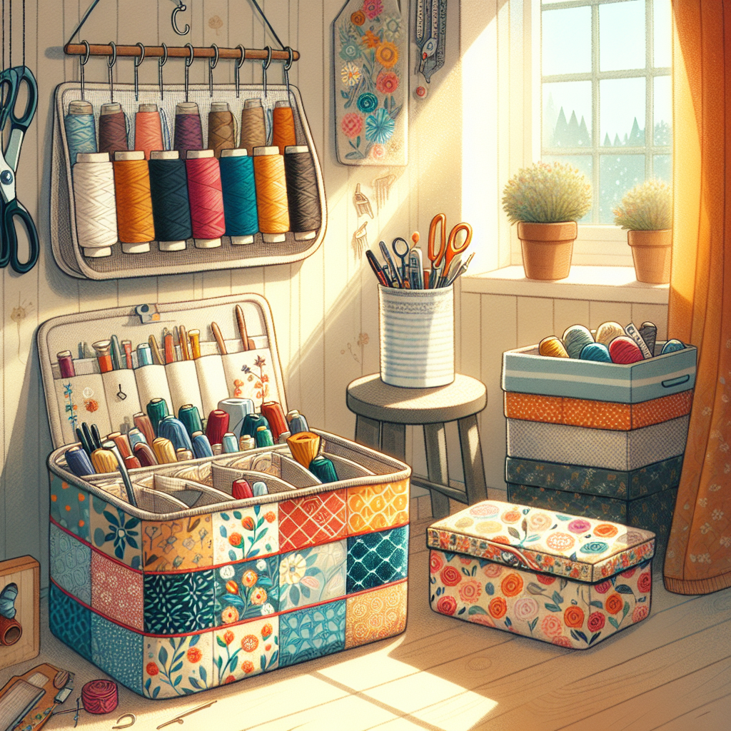A scene showcasing sewing projects for home organization with colorful fabric bins and an organizer in a cozy room.