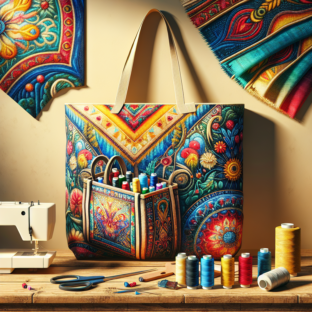 A colorful DIY custom tote bag on a wooden table with sewing supplies.