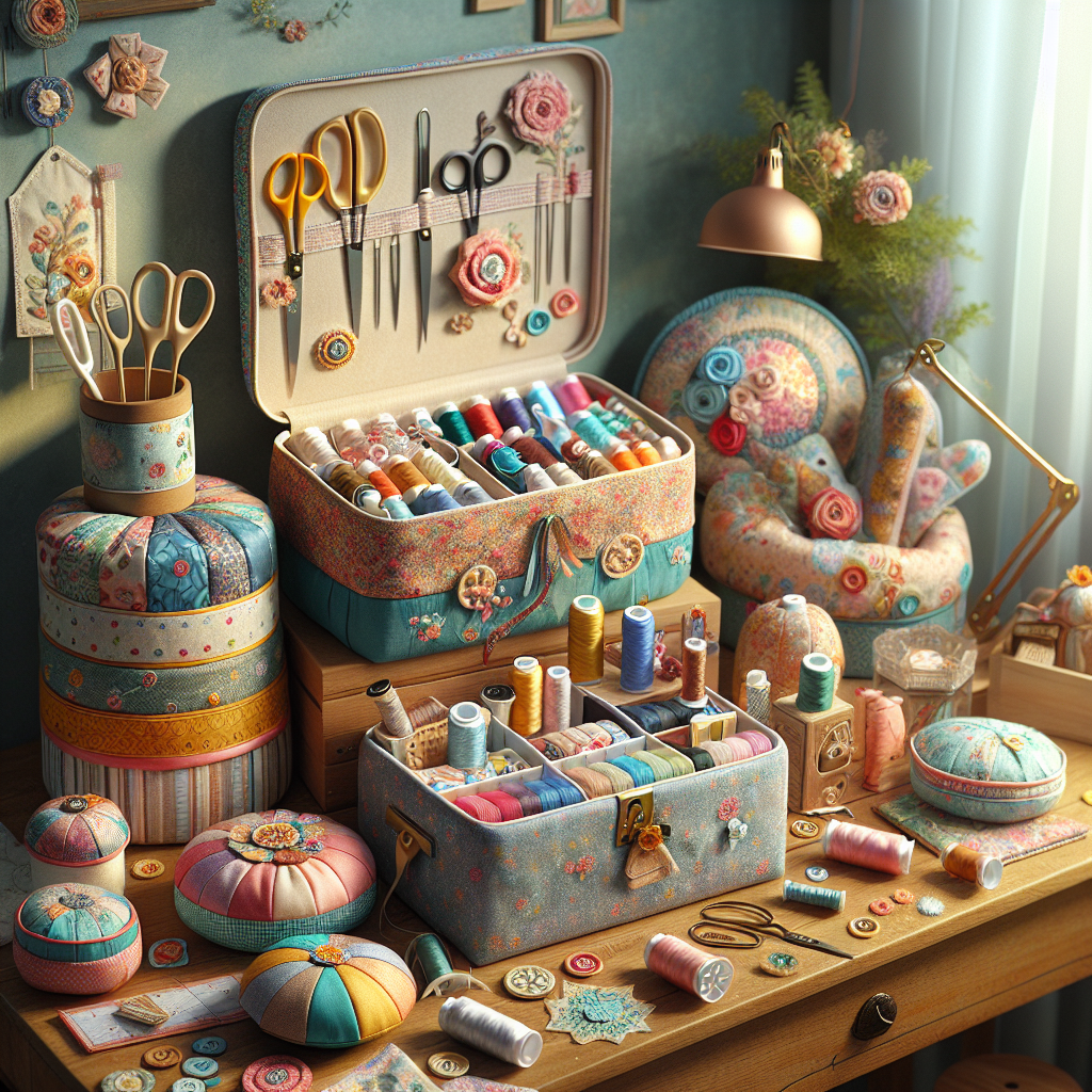 A display of unique sewing gift items including a sewing kit, fabric organizer, and handmade accessories.