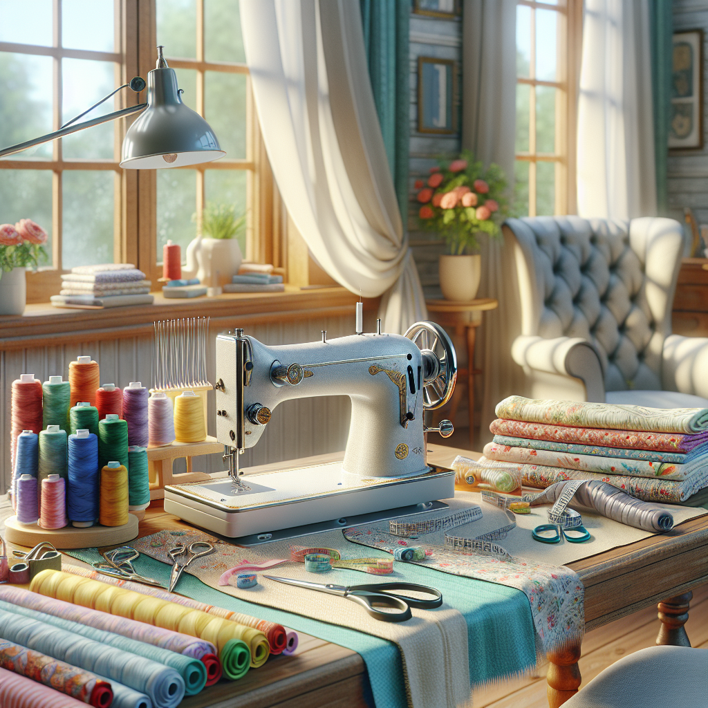 A cozy sewing workspace with colorful fabrics and a sewing machine.