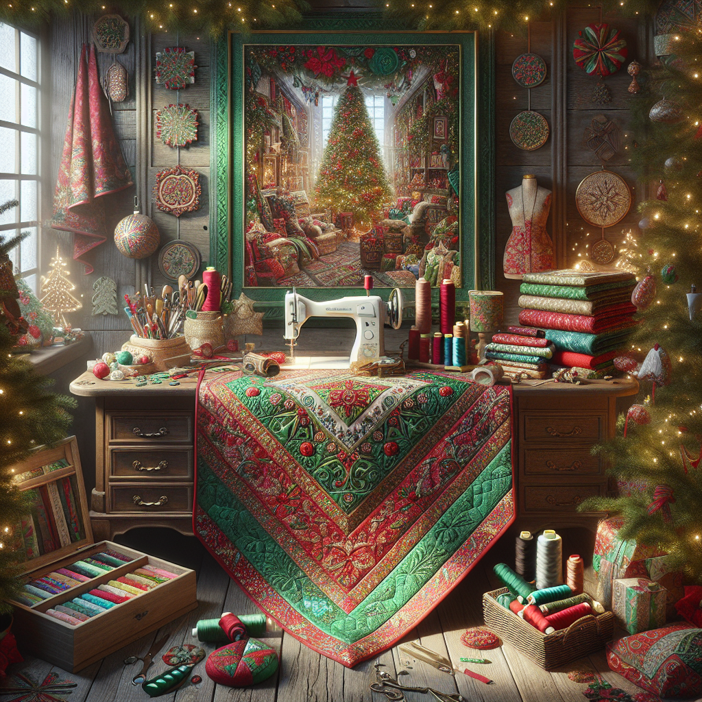 A cozy sewing workspace with holiday-themed fabrics and sewing tools.