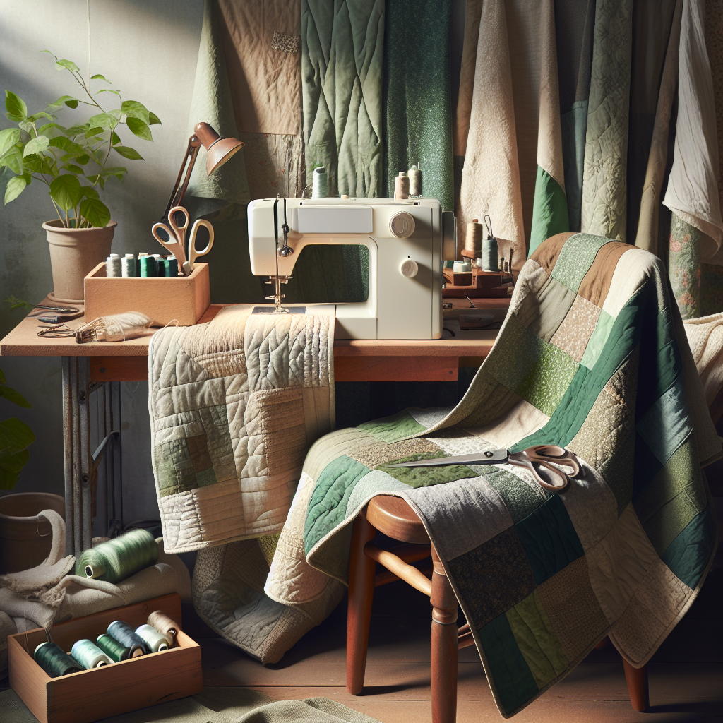 A cozy sewing setup with an organic fabric patchwork quilt and a sewing machine.