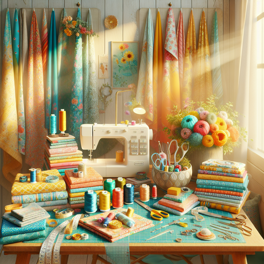 A colorful sewing workspace with various fabrics and sewing tools in natural light.
