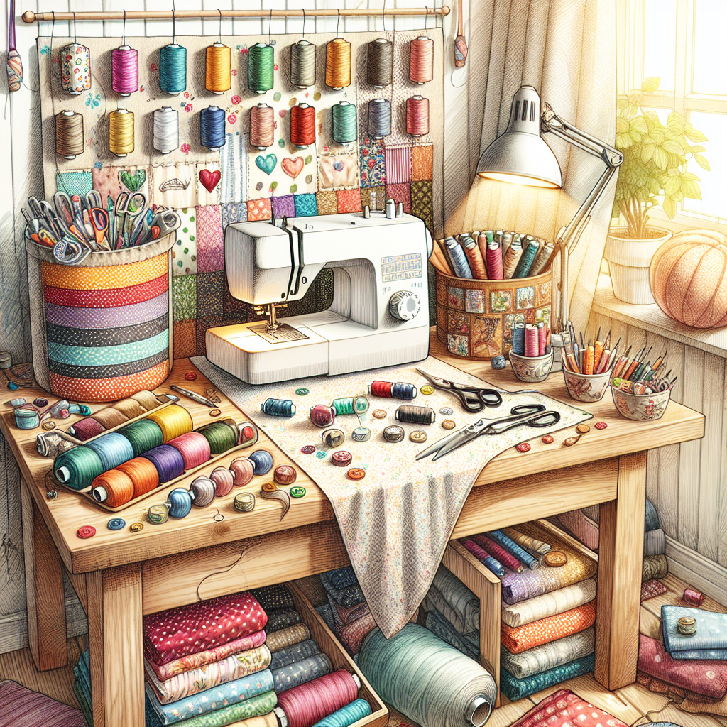 A cozy home sewing setup with colorful fabrics and a sewing machine.