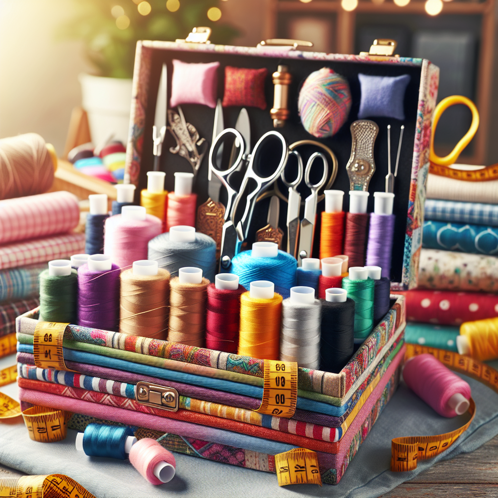 An assortment of unique sewing gifts, including a sewing kit and a fabric organizer, beautifully arranged.