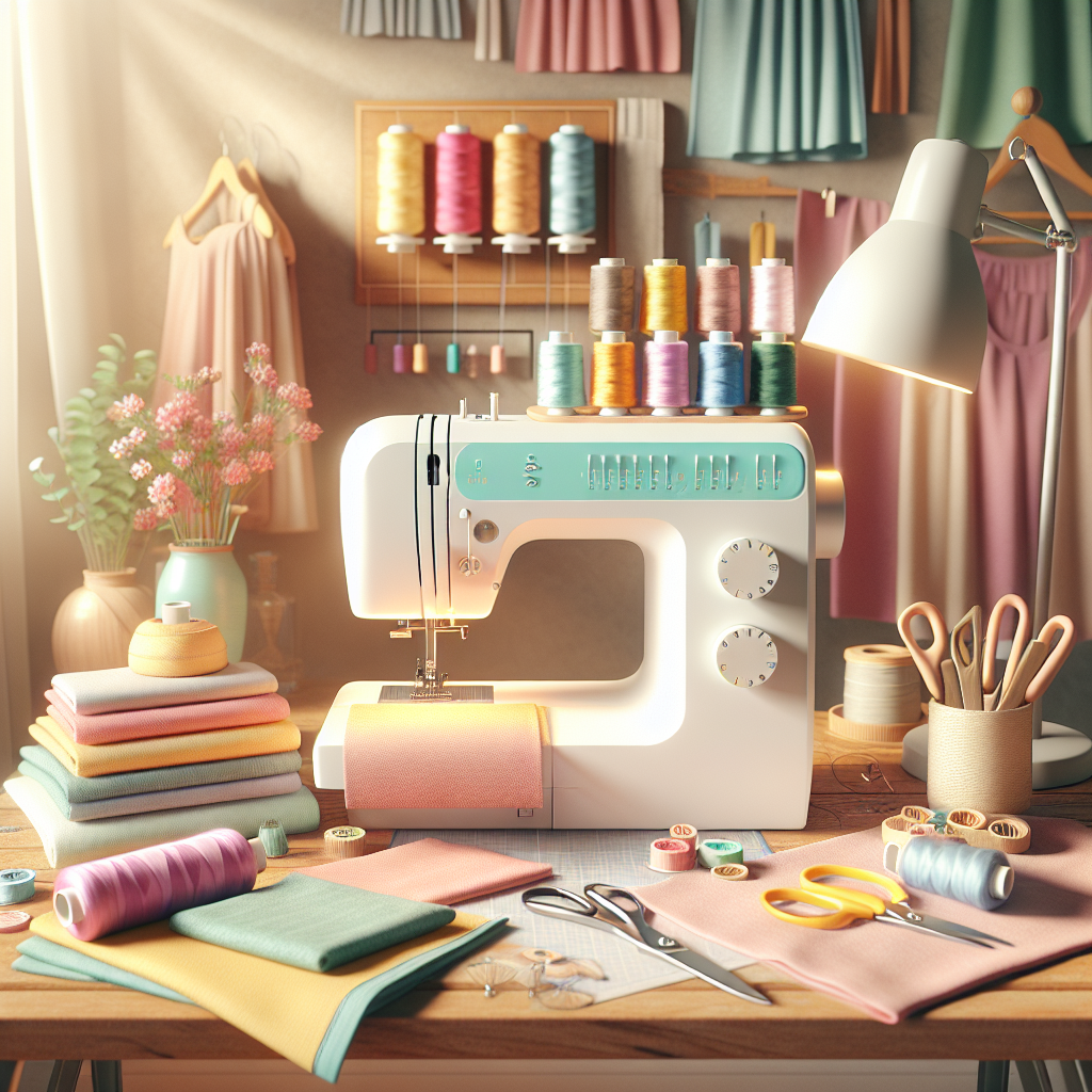 A cozy sewing setup with colorful threads, fabric swatches, and a sewing machine.