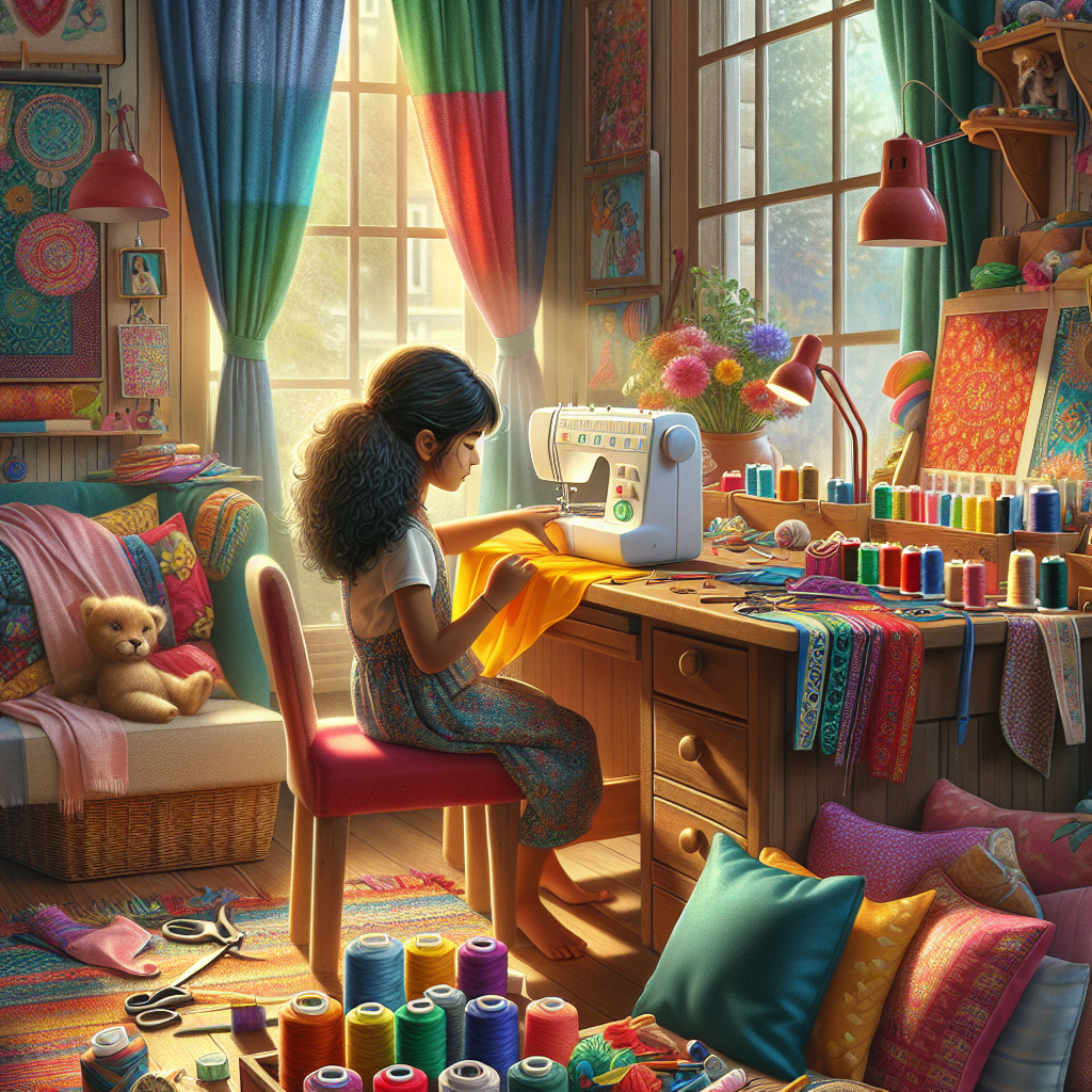 A child sewing a bright tote bag in a colorful sewing area.