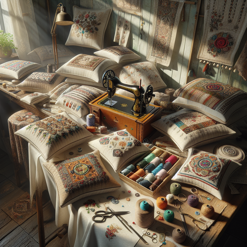 A cozy sewing corner with various personalized pillowcases and sewing materials.