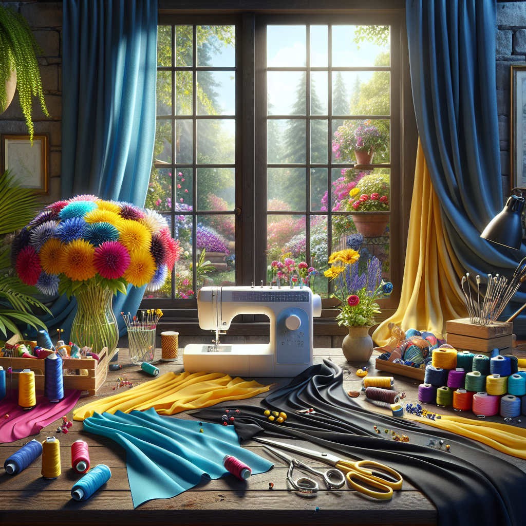 A vibrant sewing workspace with colorful fabrics and sewing tools in a sunlit room.