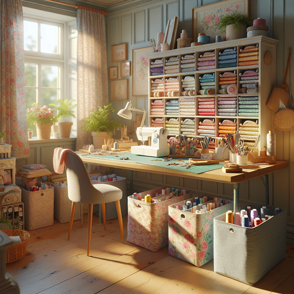A cozy and organized home sewing area with colorful fabrics and stylish storage bins.