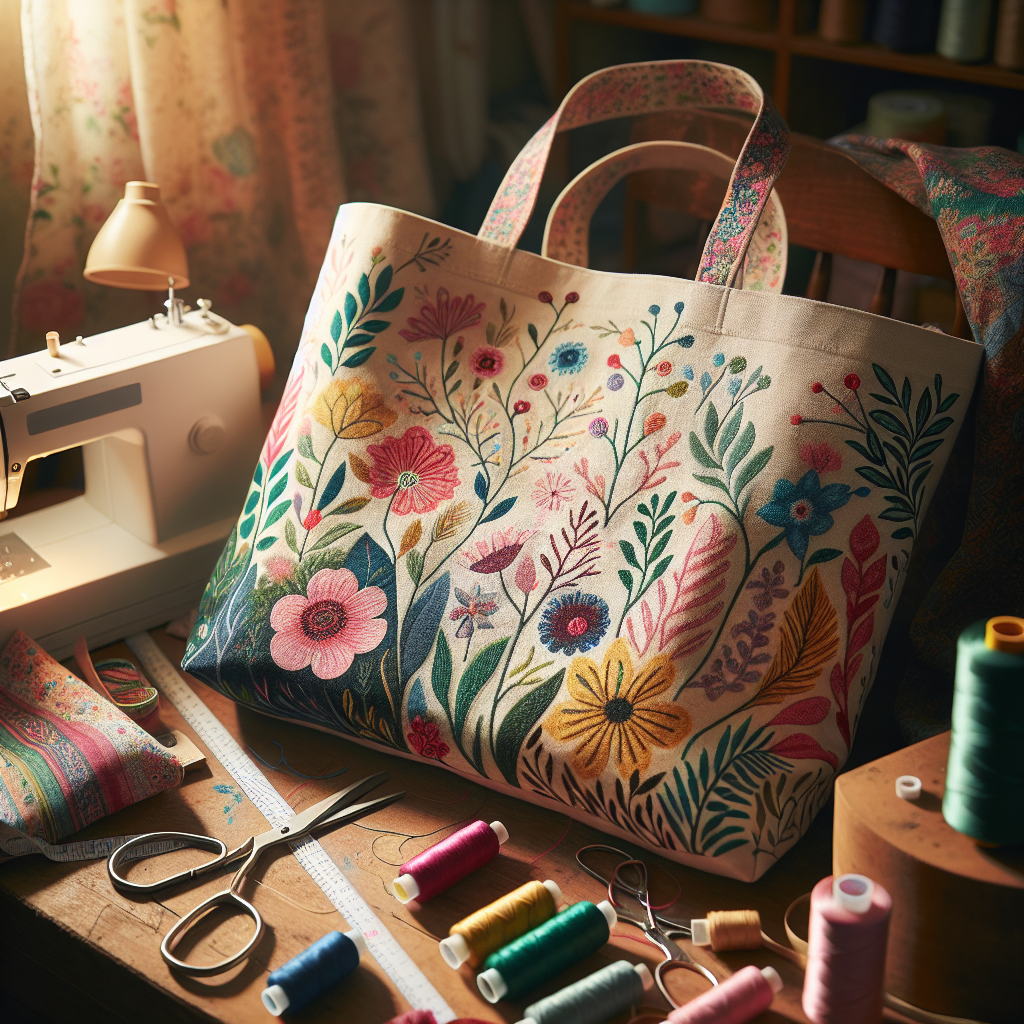 A DIY custom tote bag on a crafting table with sewing materials.