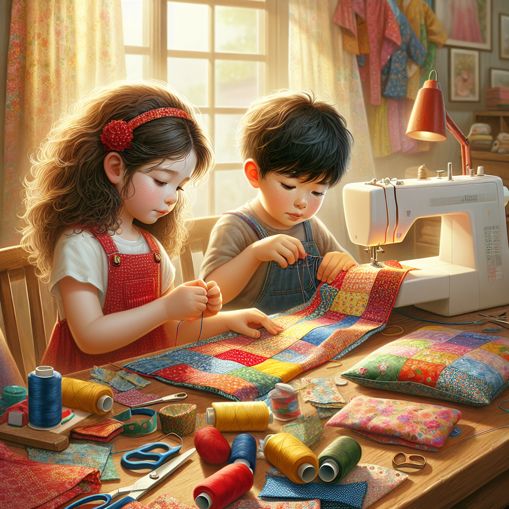 Children working on easy sewing projects, one making a bookmark and another a tote bag in a cozy crafting area.