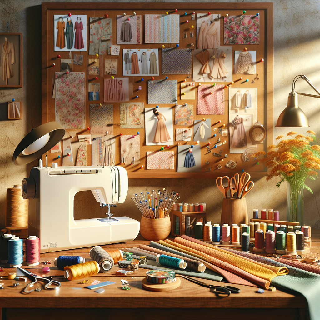 A colorful sewing workspace with fabric, threads, scissors, and a sewing machine.