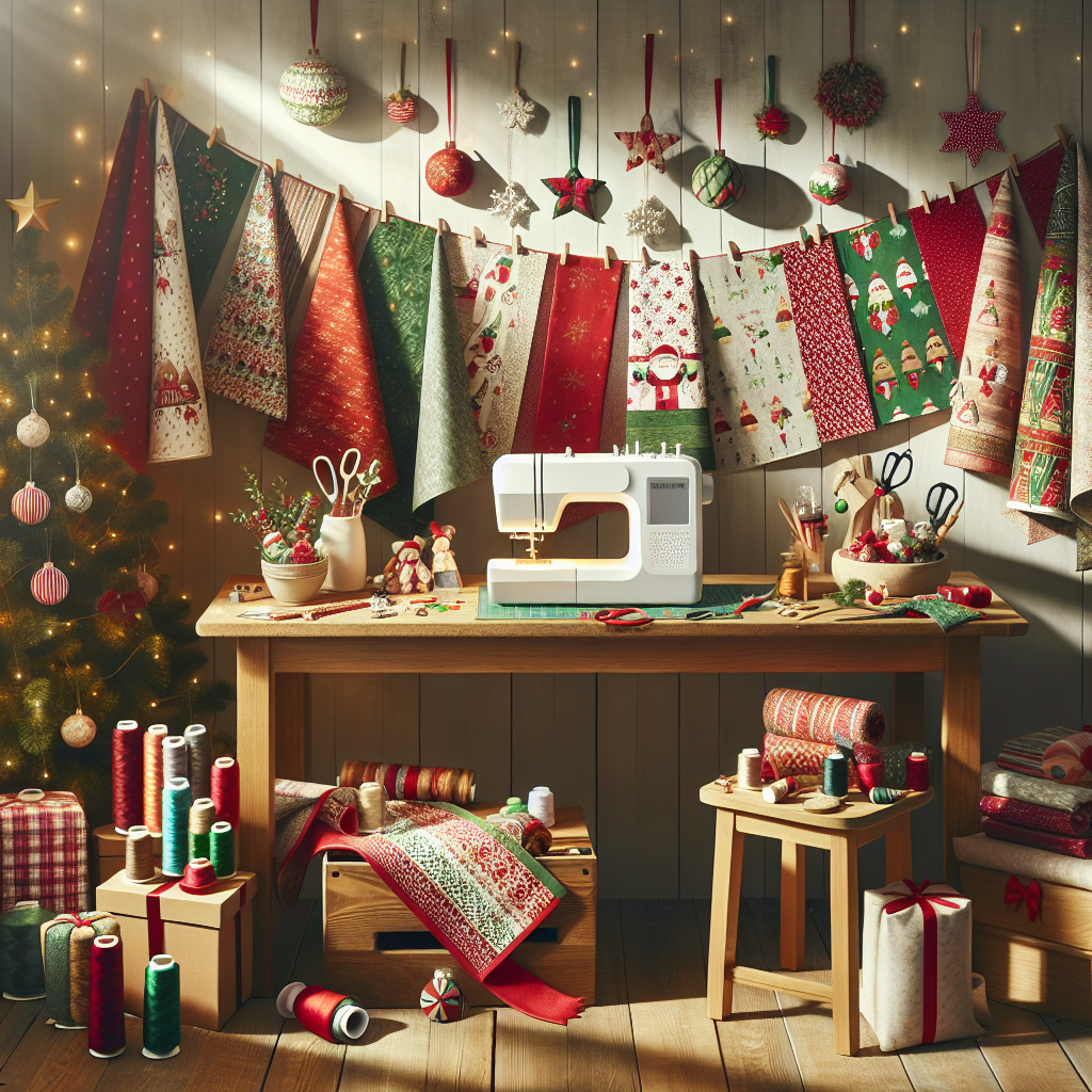 A cozy holiday-themed sewing corner with colorful fabrics and decorations.